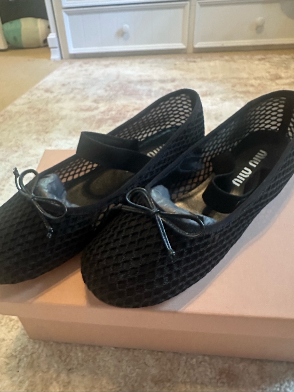 Miu Miu Black Mesh Ballet Flats with Bow and Elastic Strap